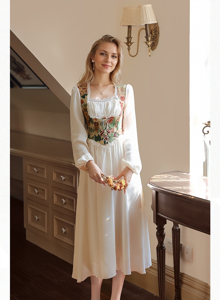 Elegant Cottage Style Princess Dresses Woman Vintage Chic Painting Corset Dress